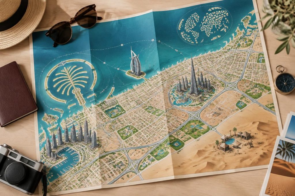 explorez la carte de dubaï pour repérer les quartiers, les attractions et les transports, et préparer facilement votre visite.