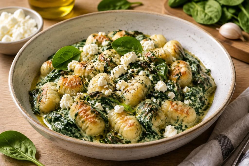 préparez rapidement de délicieux gnocchis aux épinards et à la feta : une recette gourmande, facile et pleine de saveurs pour régaler toute la famille.